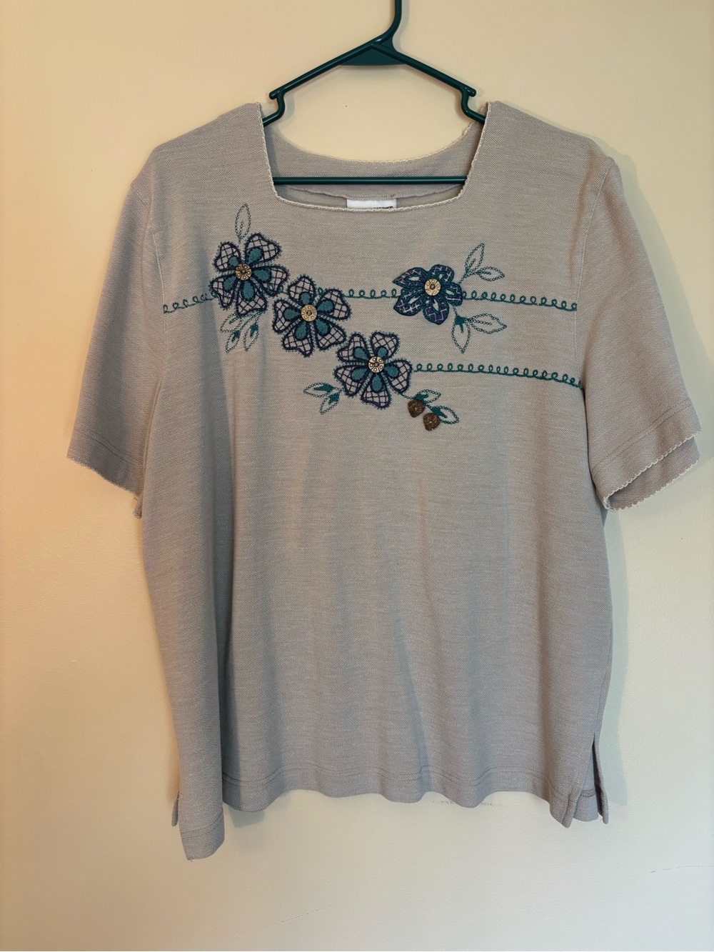 Alfred Dunner Light Taupe Short-Sleeve Top with Blue Floral Embroidery